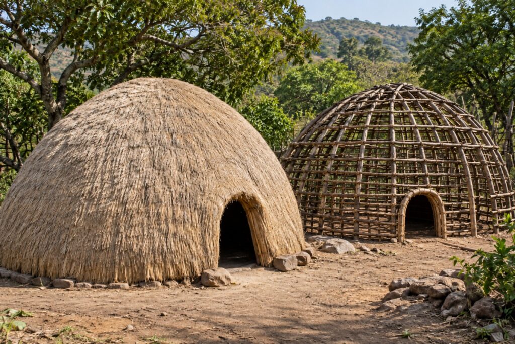hutte zouloue à côté d'une hutte en construction