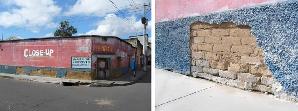 maison en adobe recouverte d'un enduit au Guatemala