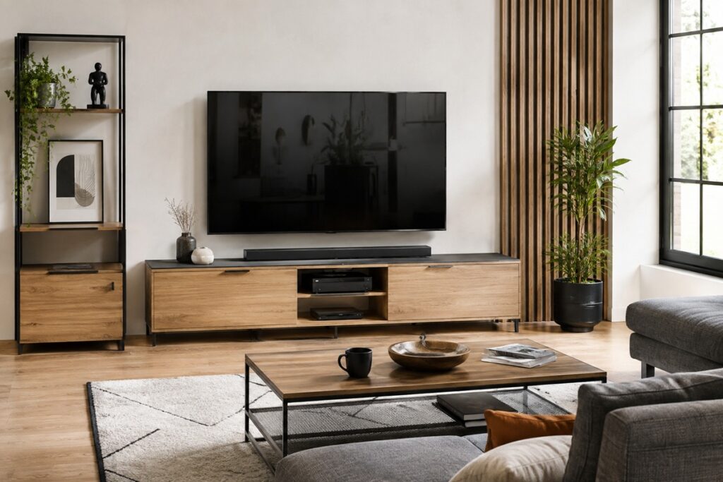 salon moderne aux accents boisés avec meuble TV table basse et canapé