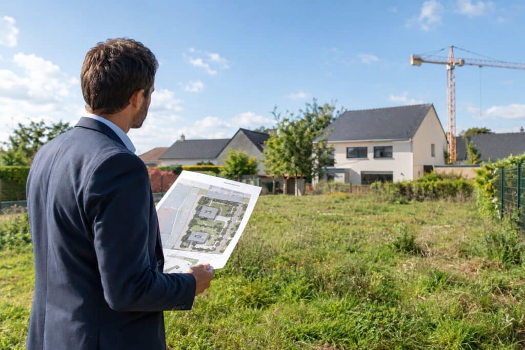 promoteur immobilier qui regarde une maison avec un grand terrain
