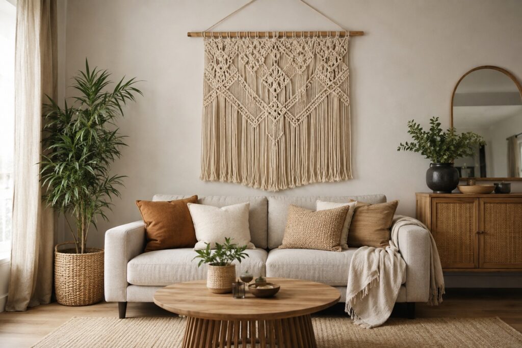 salon cosy avec une grande oeuvre en macramé au-dessus du canapé