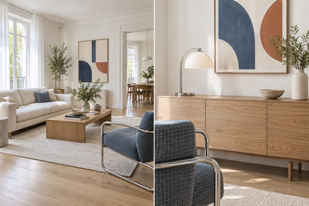 Salon moderne lumineux aux accents bleus
