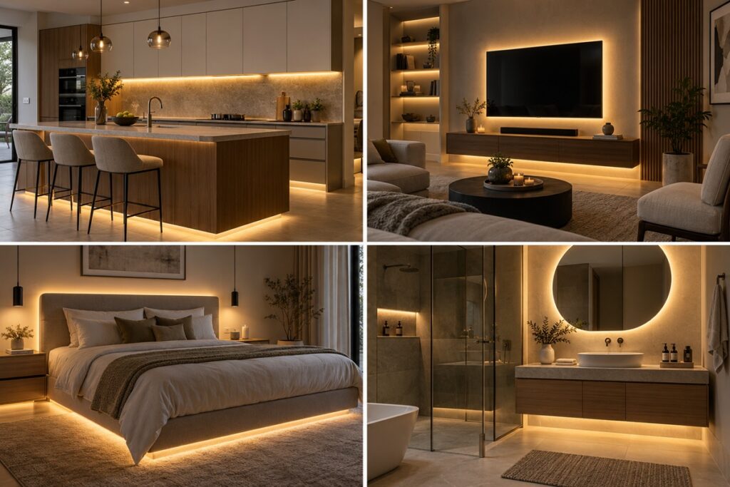 des rubans led bien installés dans cuisine, salon, chambre et salle de bain