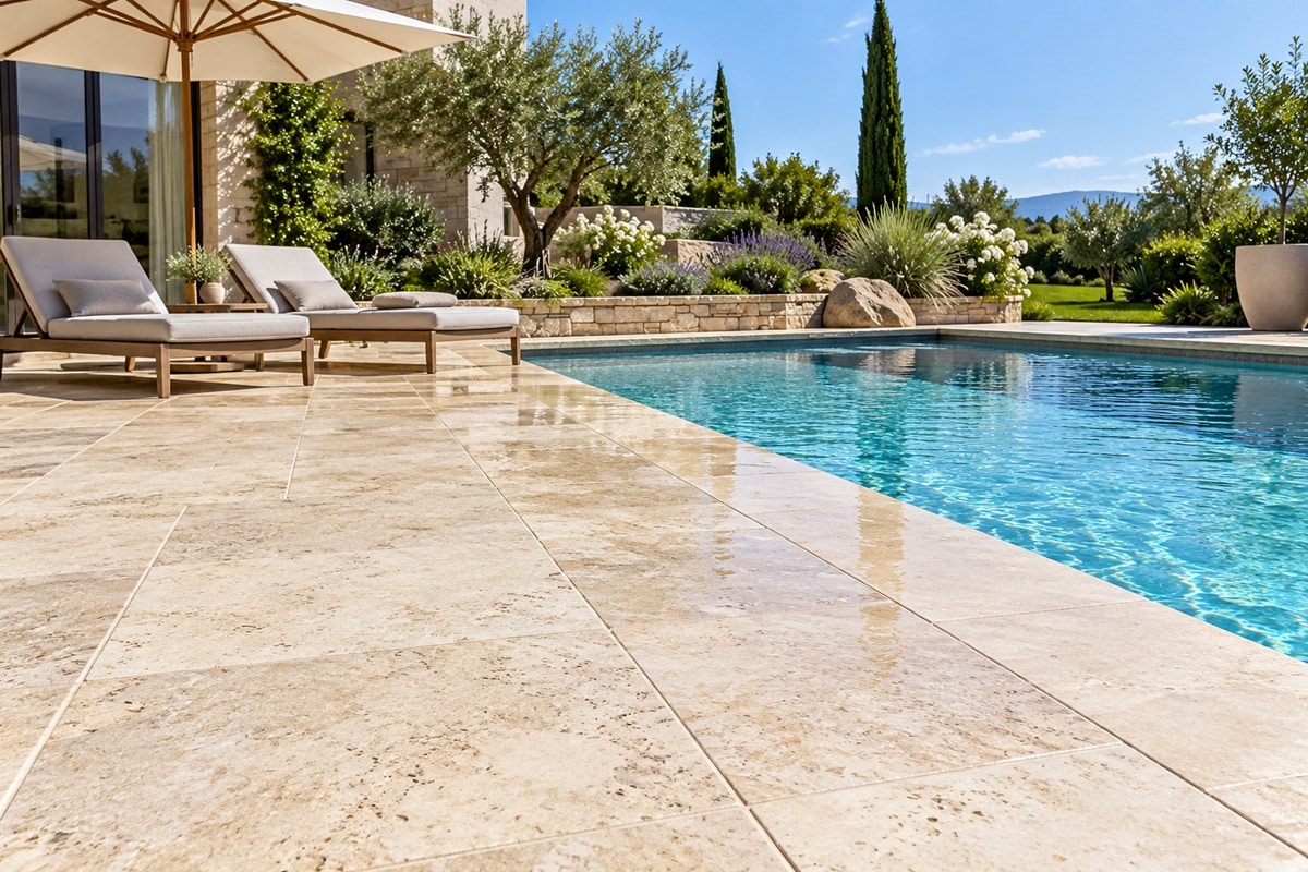 belle plage de piscine en travertin