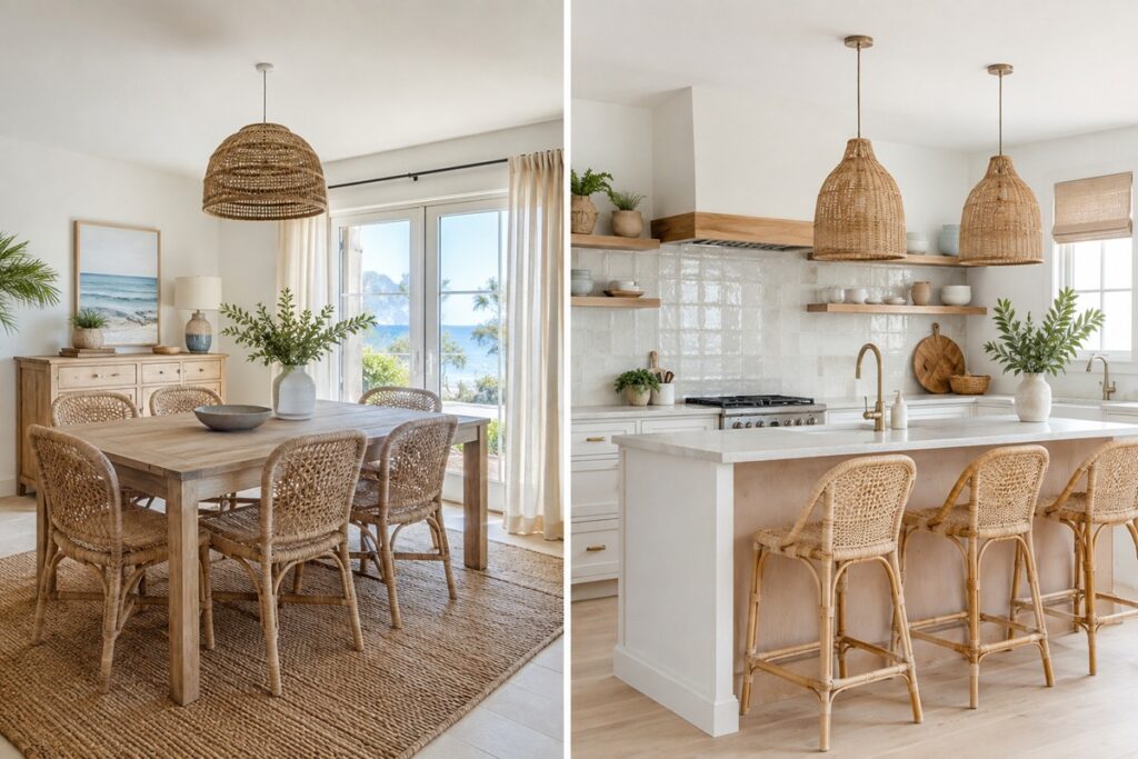 Salle à manger et cuisine lumineuses au style côtier, entre bois clair, rotin et matières naturelles
