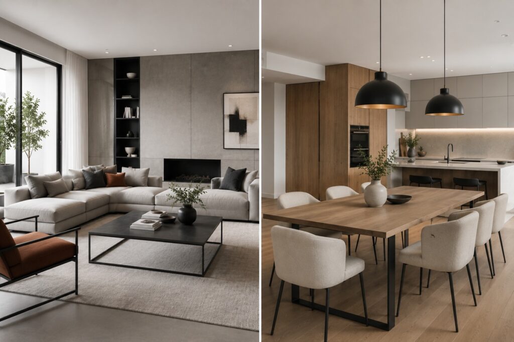 Salon et cuisine contemporains en diptyque