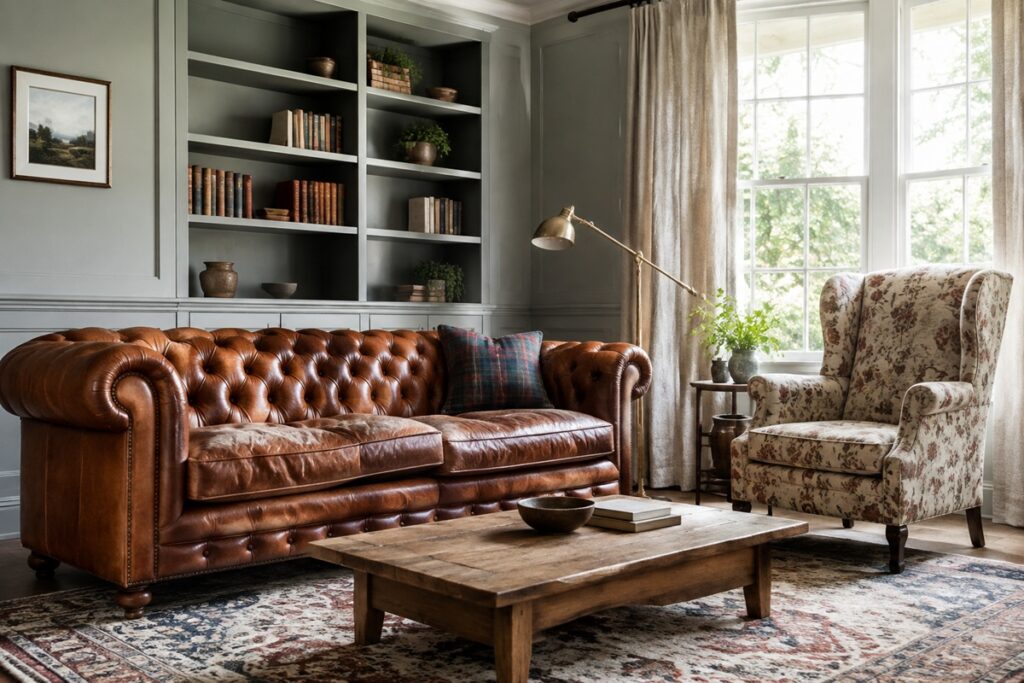 Salon lumineux aménagé autour d'un canapé Chesterfield dans le style anglais