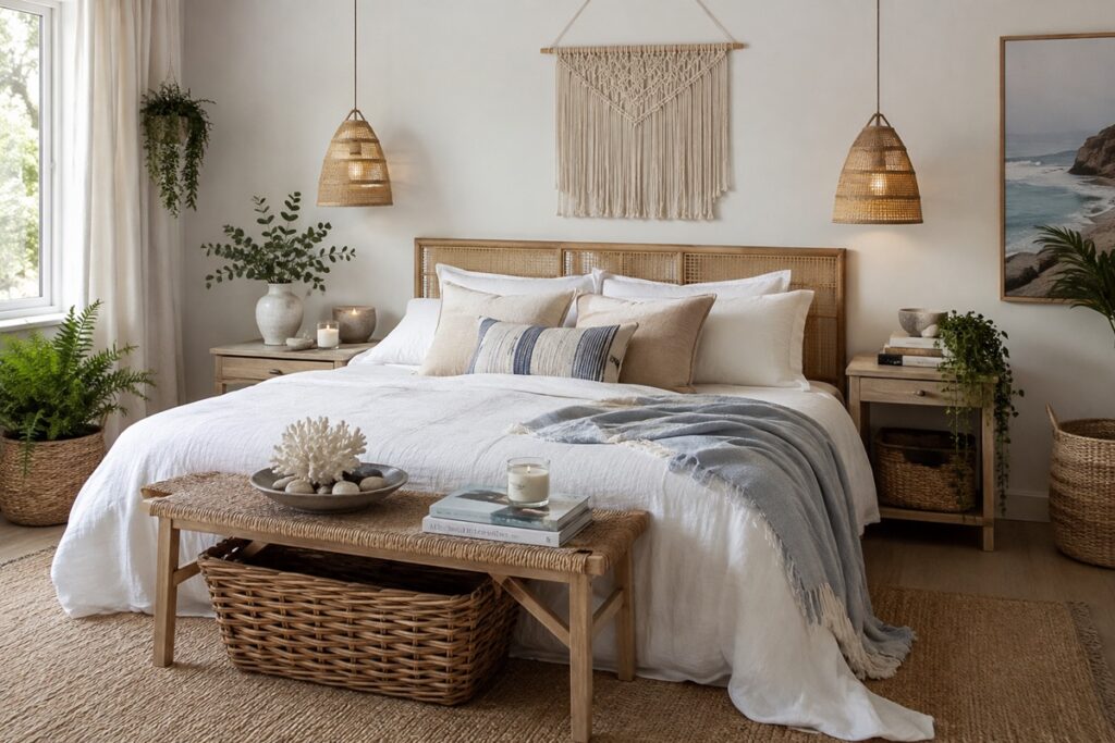 Une chambre côtière lumineuse aux matières naturelles et aux accessoires bien choisis