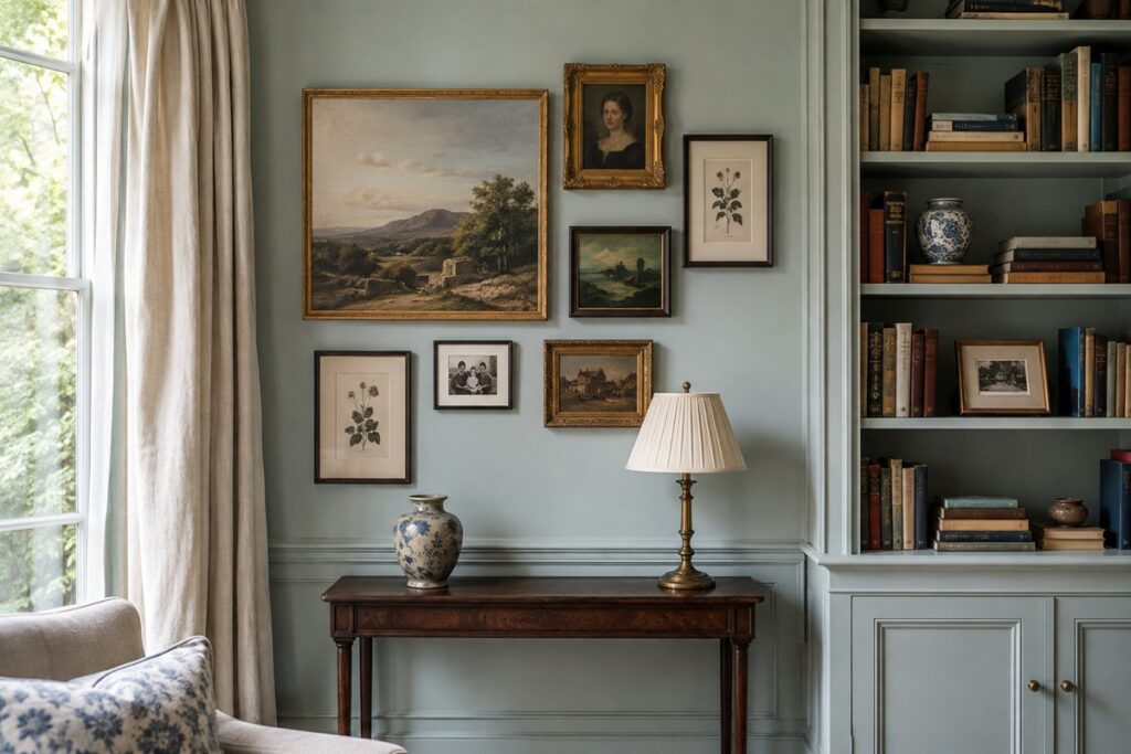 bel intérieur décoré dans le style anglais avec une bibliothèque et un vieux bureau