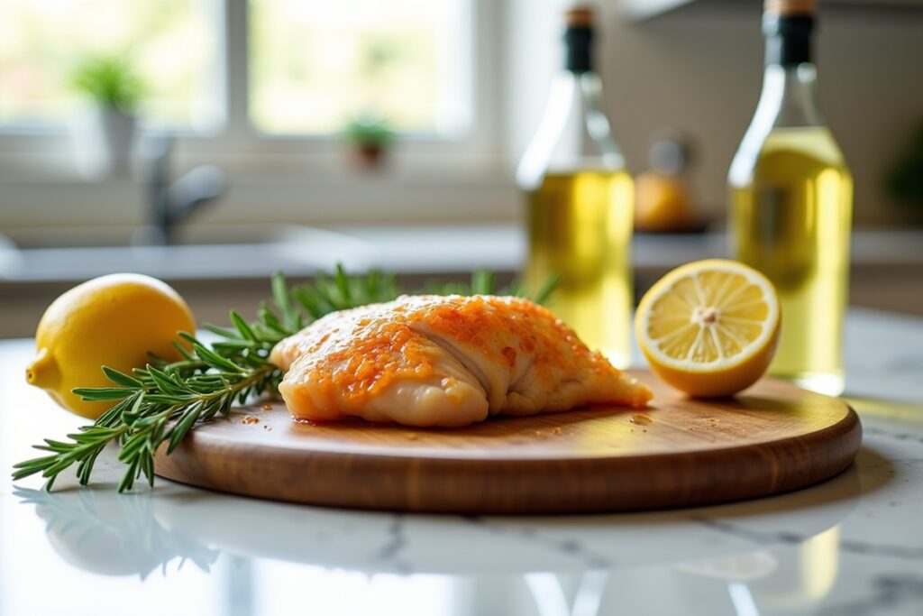 préparation de poulet à griller entouré d'herbes et de citron