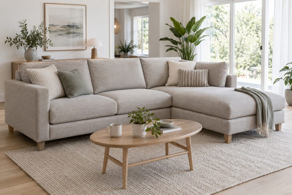 Canapé d’angle beige dans un salon lumineux