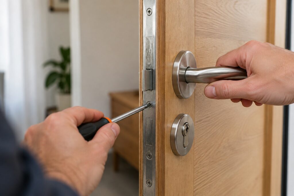 Réglage de serrure sur porte en bois
