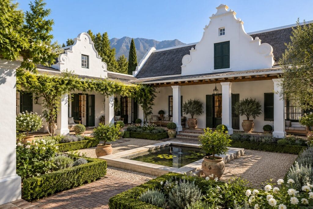 Cour intérieure d'une bâtisse de style Cape Dutch Revival