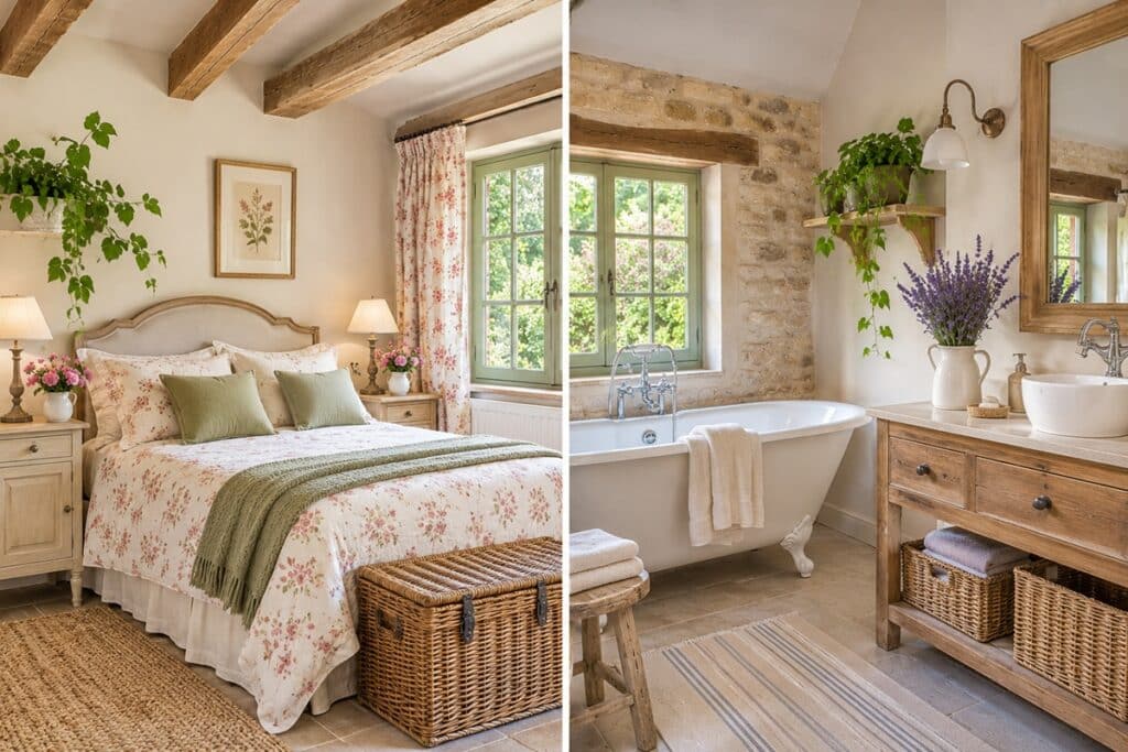 chambre et salle de bain de style maison de campagne