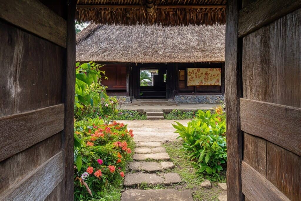 maison traditionnelle balinaise et jardin