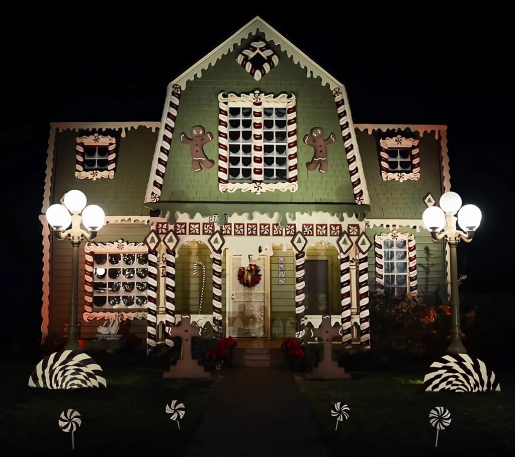 maison décorée Hansel et Gretel de nuit