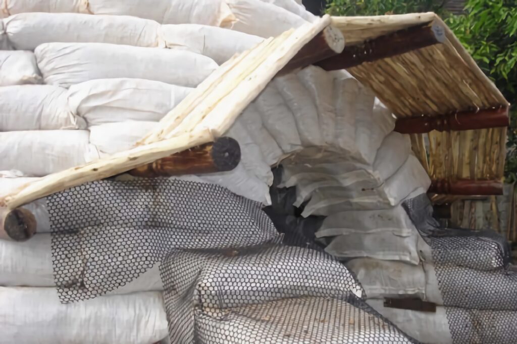 petite maison construite avec des sacs de terre