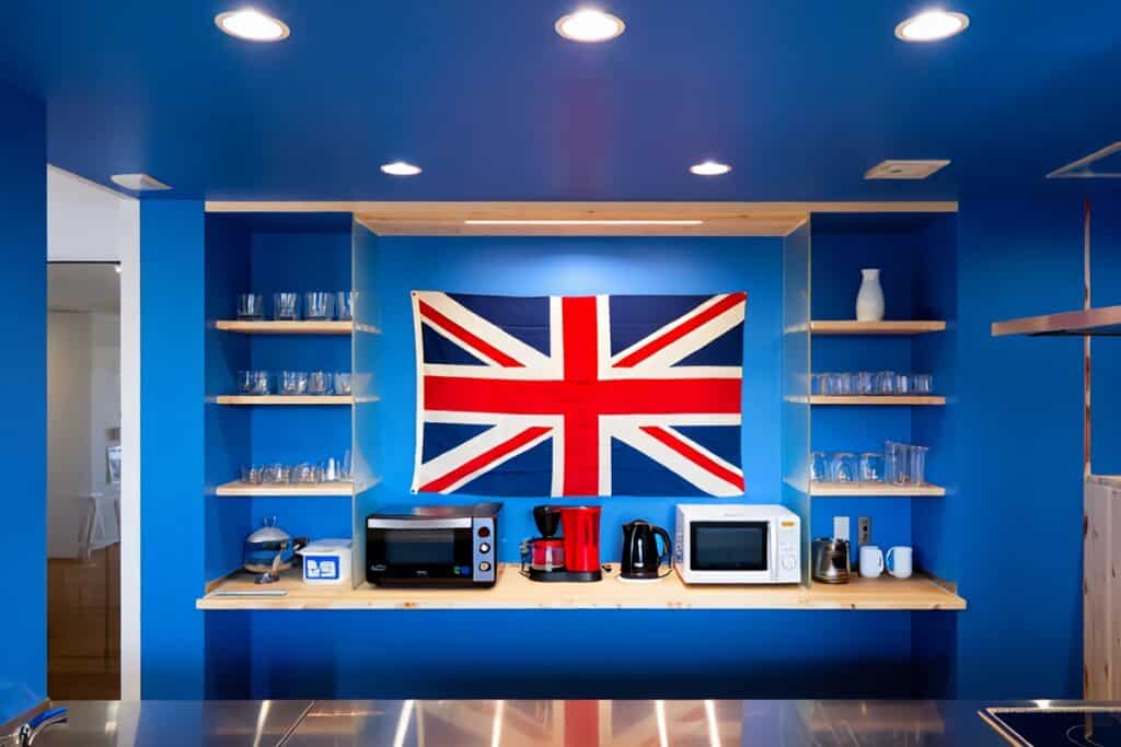 cuisine bleu foncé avec le drapeau union jack