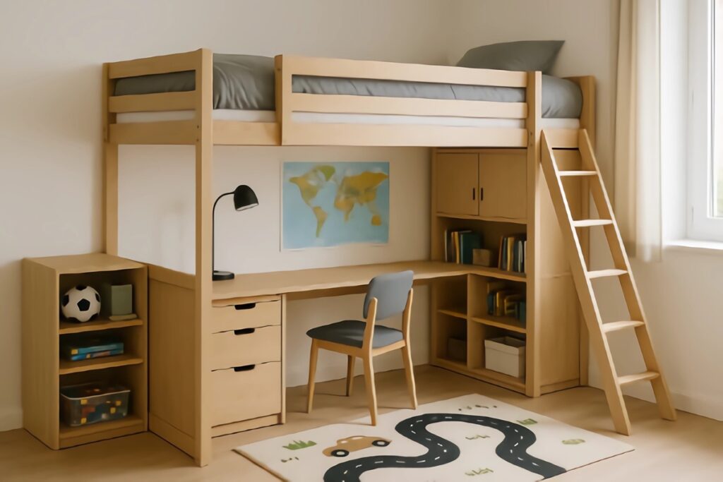 chambre garçon avec un lit mezzanine et du rangement