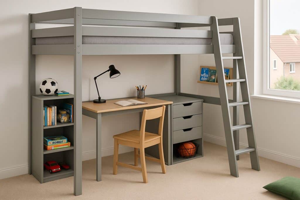 chambre garçon avec un lit mezzanine et un bureau dessous