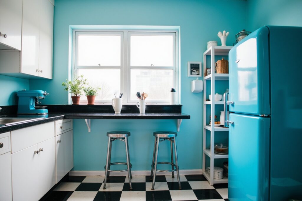 cuisine rétro bleue avec carrelage damier noir et blanc