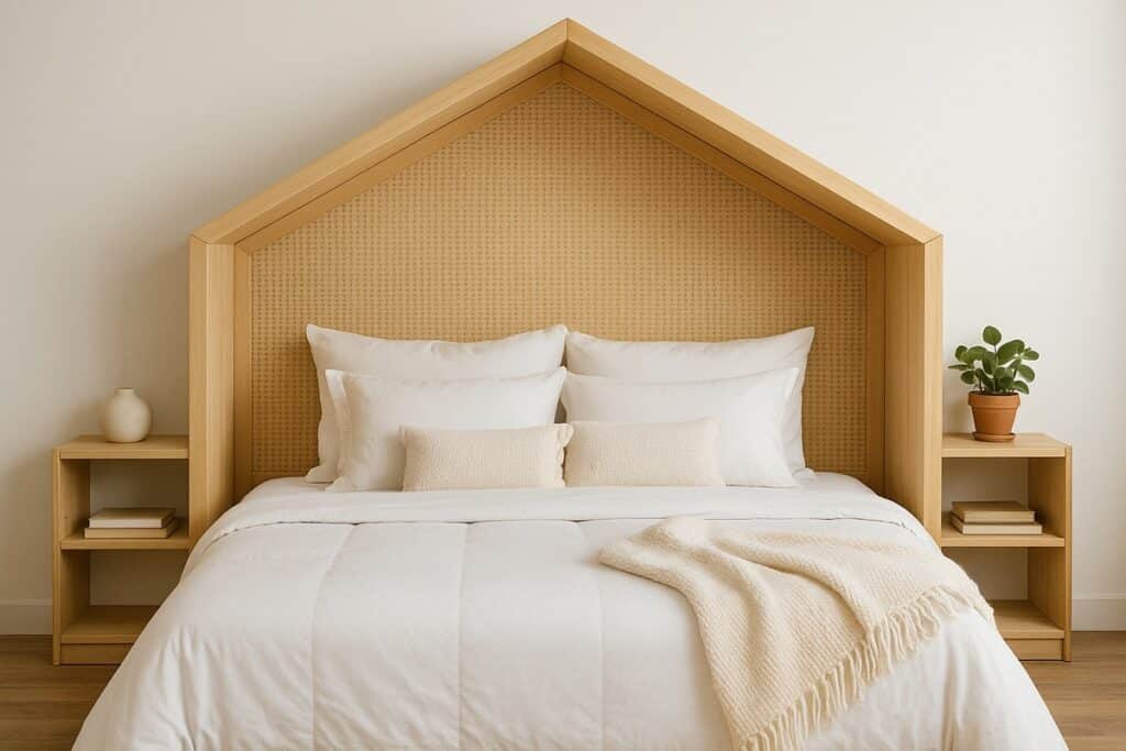 tête de lit en bois en forme de maison