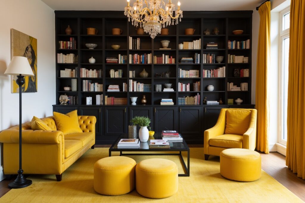 salon avec étagère noire et mobilier jaune