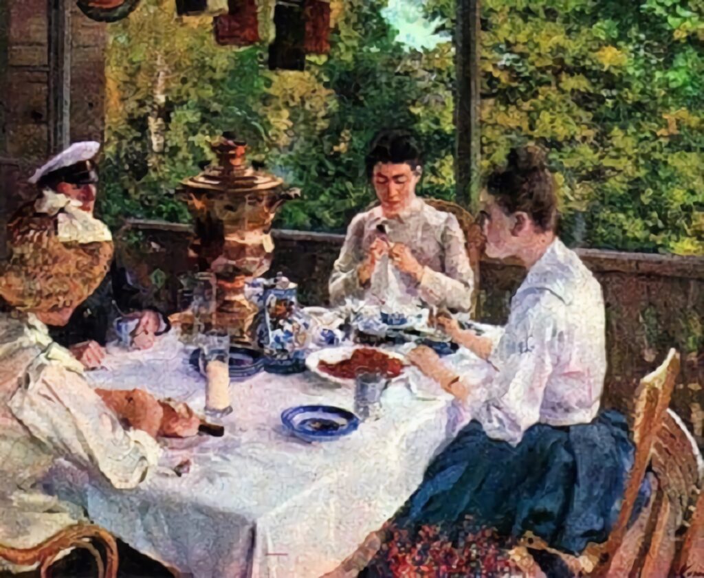 À la table de thé, par K.Korovin, 1888