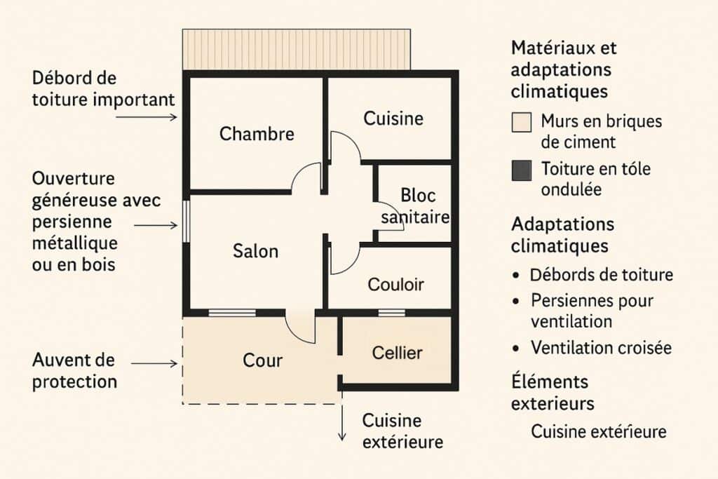 schéma type d’une maison contemporaine de plain-pied à Bangui