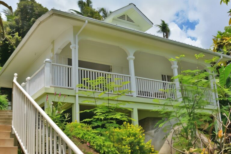 Maison moderne avec grande véranda typique des Seychelles