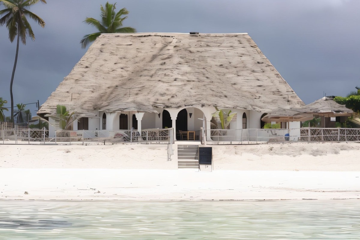 maison de plage avec un grand toit de chaume à Zanzibar