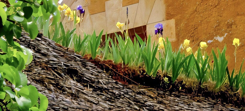 faitage de chaumière normande avec des iris