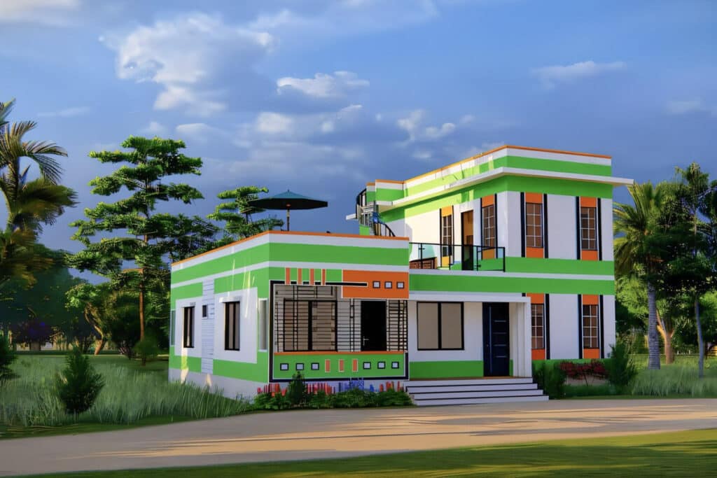 maison colorée en béton bangladaise