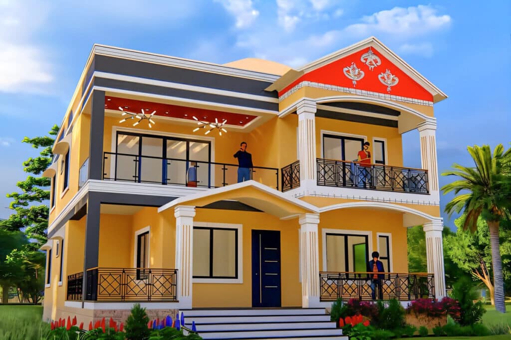 maison colorée en béton bangladaise