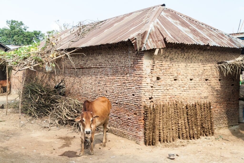 maison rurale en brique et tôle au Bangladesh