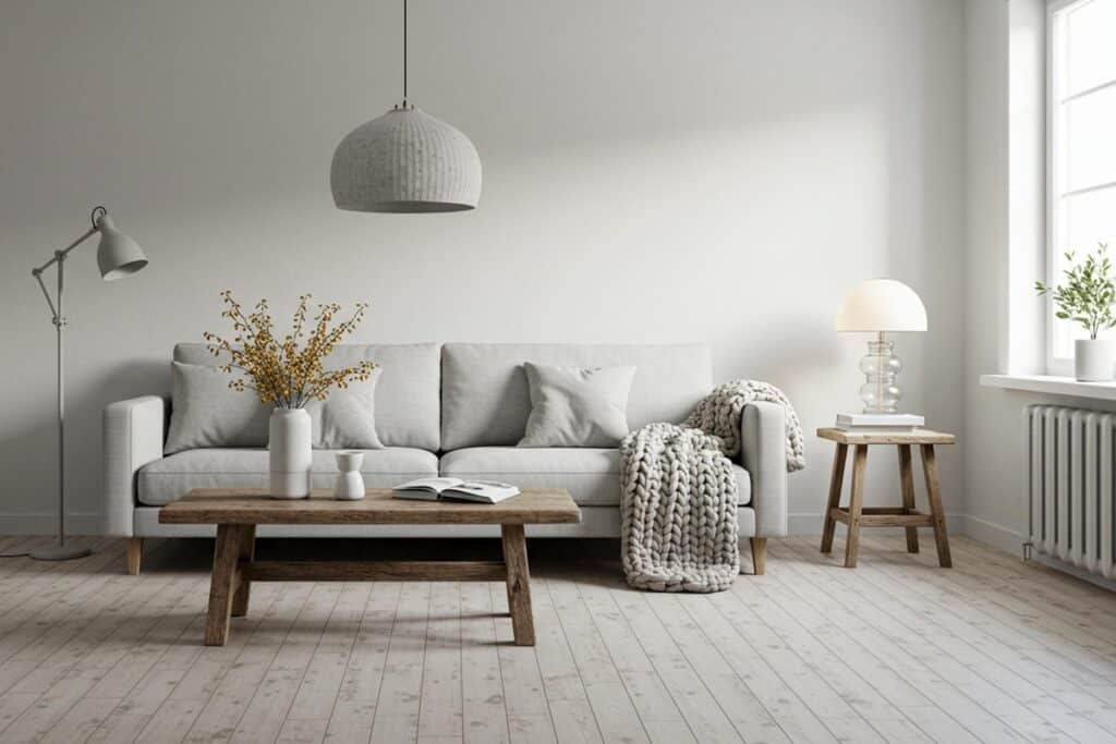 salon scandinave avec luminaires