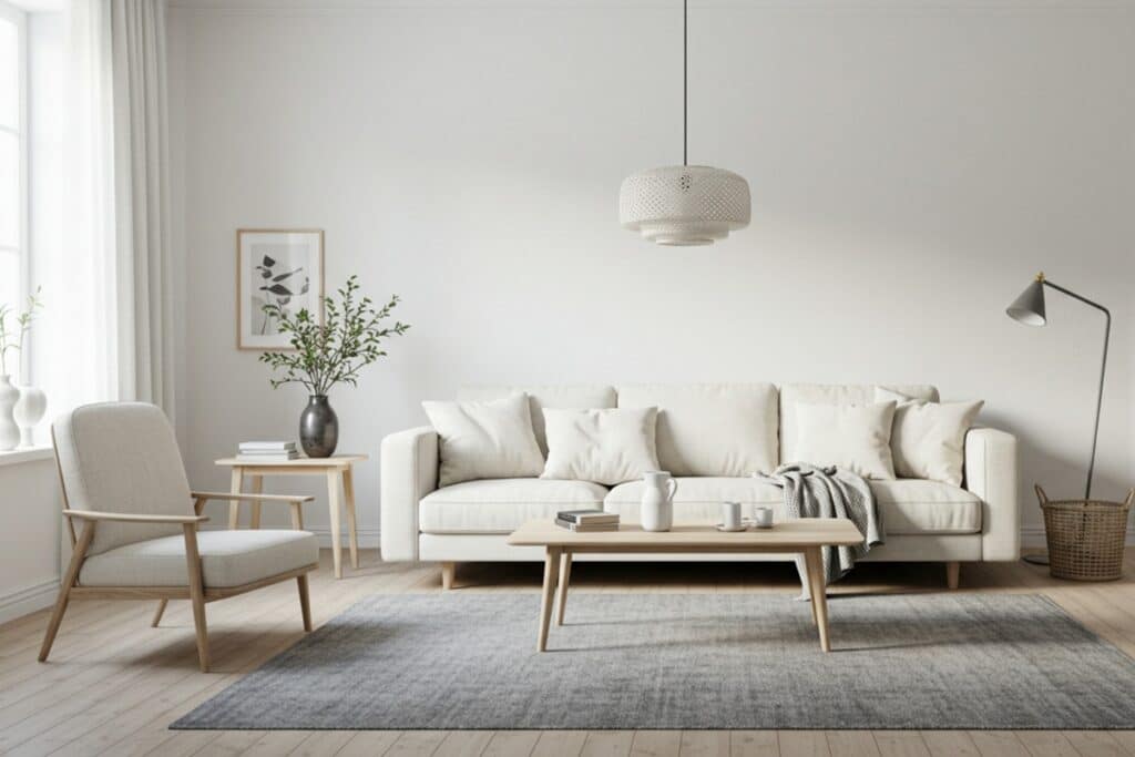 salon scandinave aux murs blancs