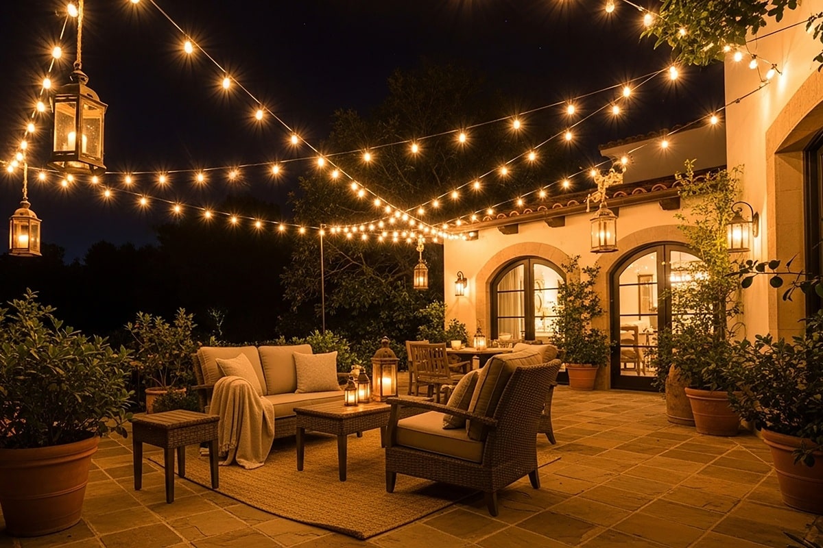 terrasse le soir avec des guirlandes guinguette