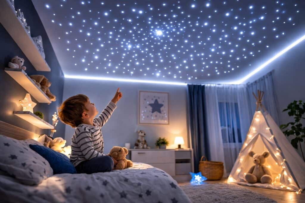 chambre de garçon avec un plafond étoilé