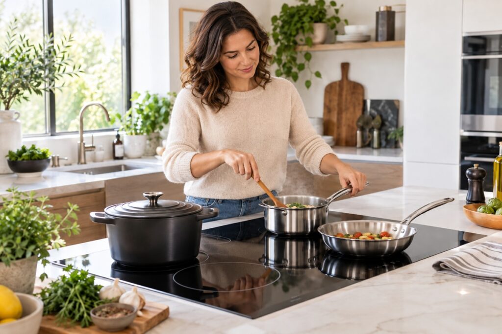 femme cuisinant sur une plaque de cuisson toute neuve
