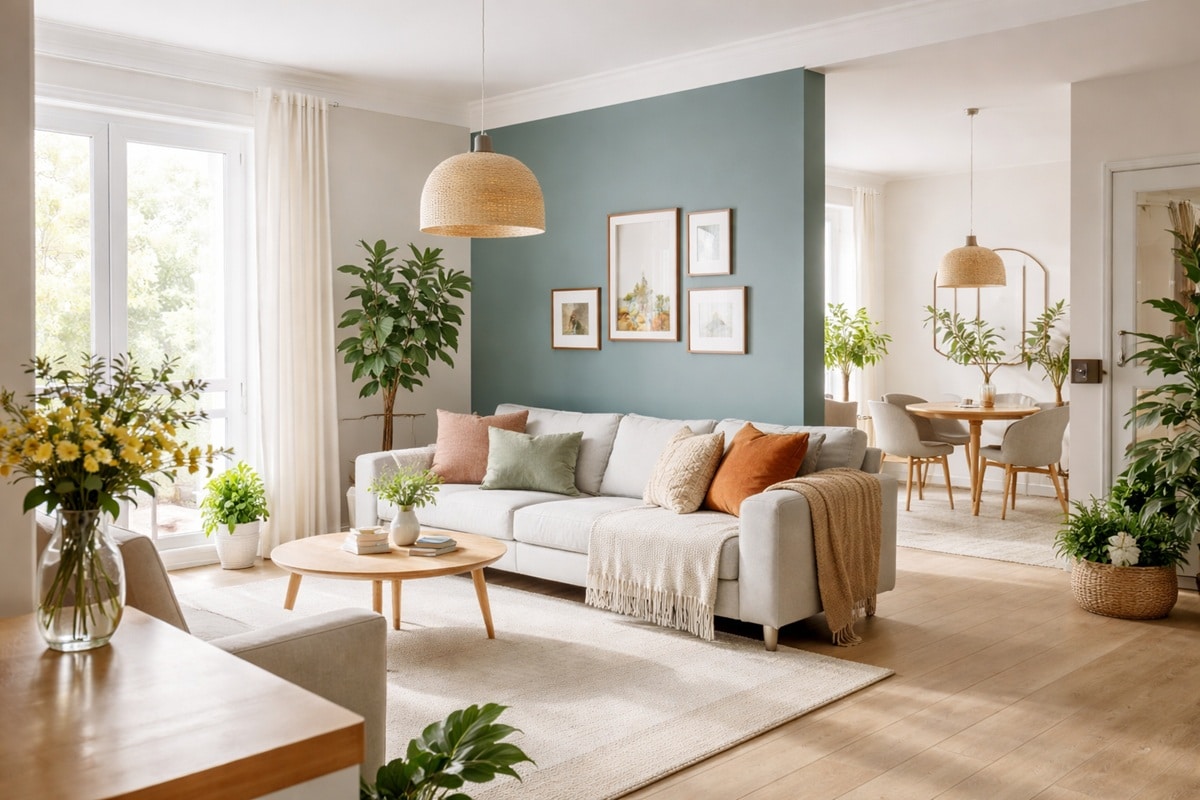 salon avec mur d'accent peint en vert sauge