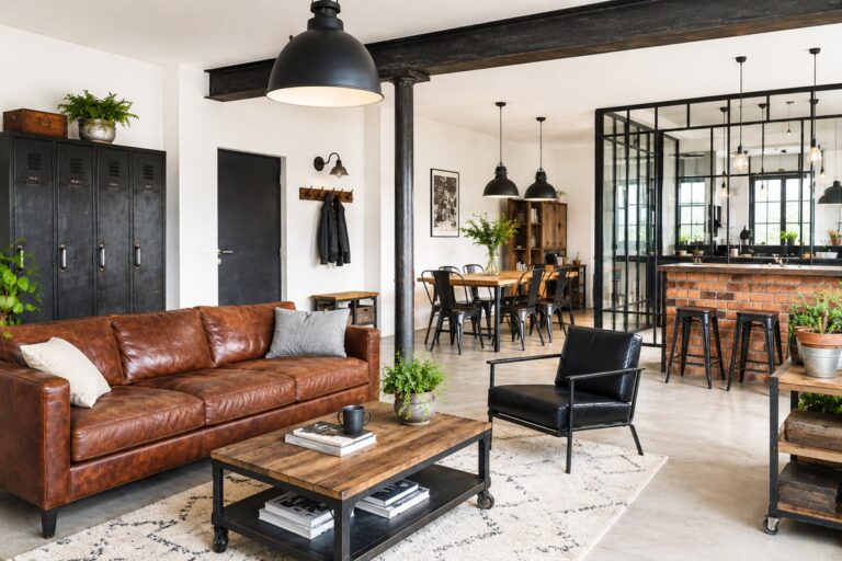 intérieur aménagé avec des éléments de style industriel