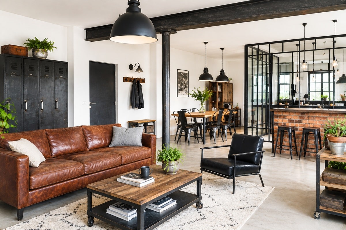 intérieur aménagé avec des éléments de style industriel