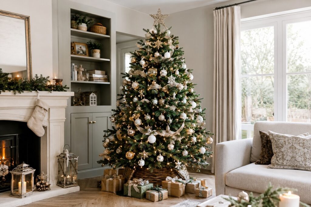 salon avec un magnifique sapin de Noêl au centre