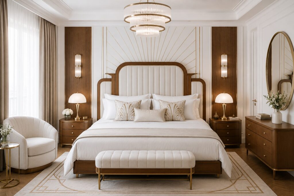 chambre art déco bois et blanc
