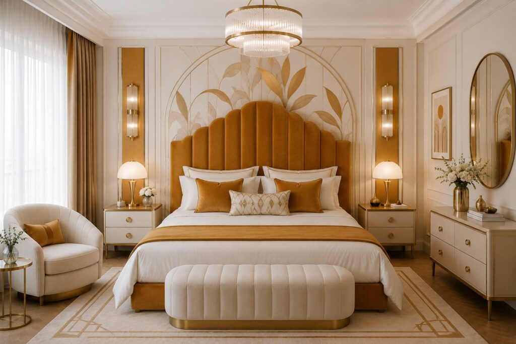 chambre art déco ocre et blanc
