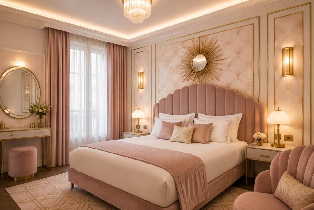 chambre art déco thème rose poudré