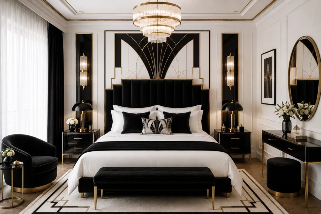 chambre de style art déco noire et blanche