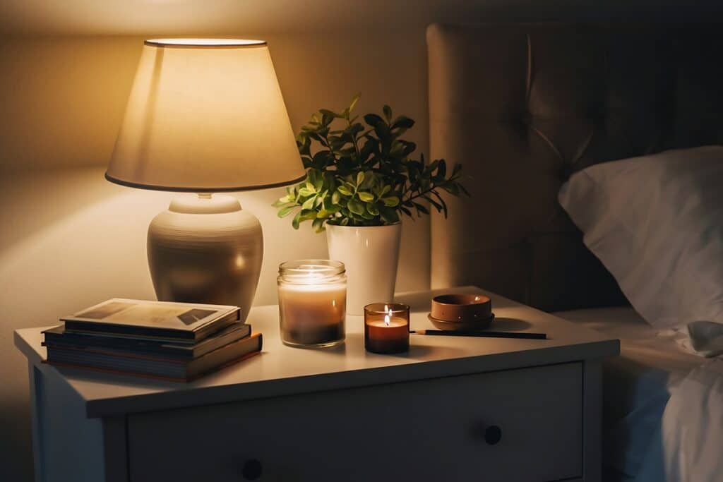 lampe de chevet allumée dans une chambre