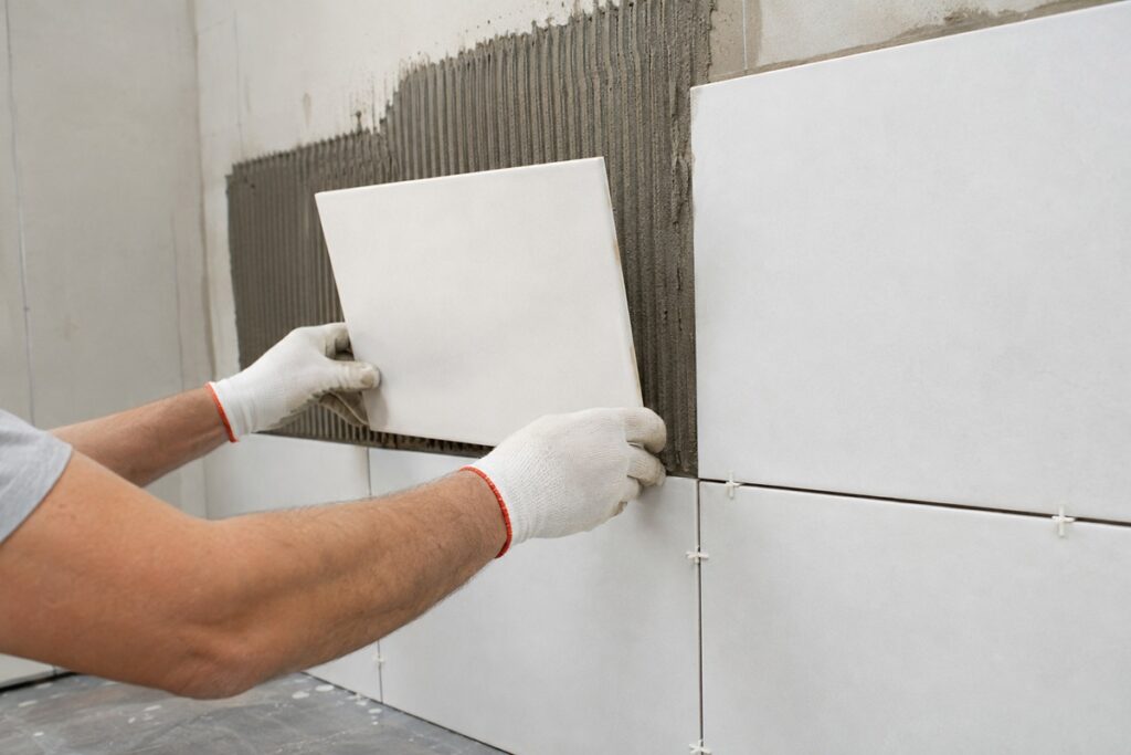 homme qui pose du carrelage sur un mur